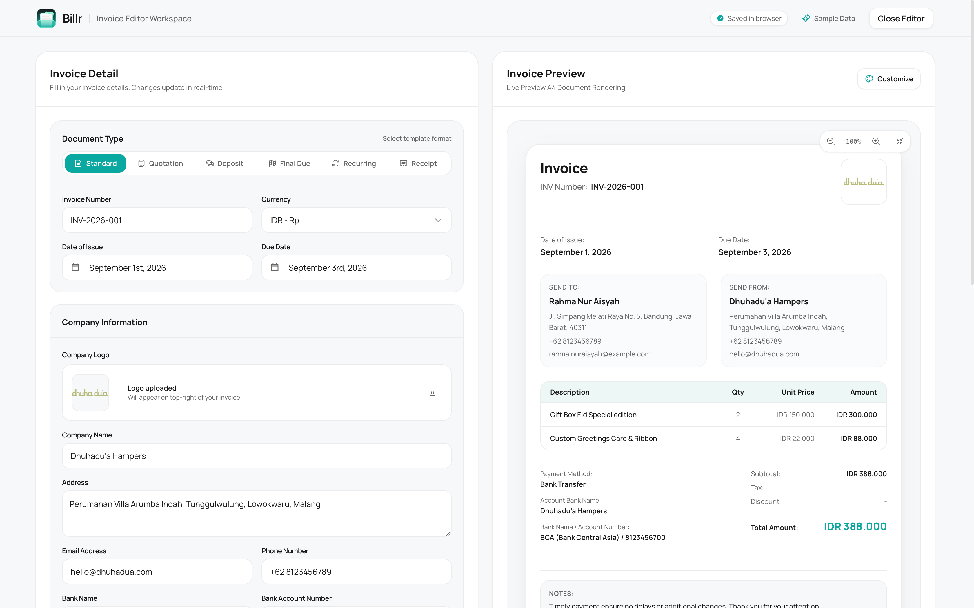 Billr Live Invoice Editor Showcase